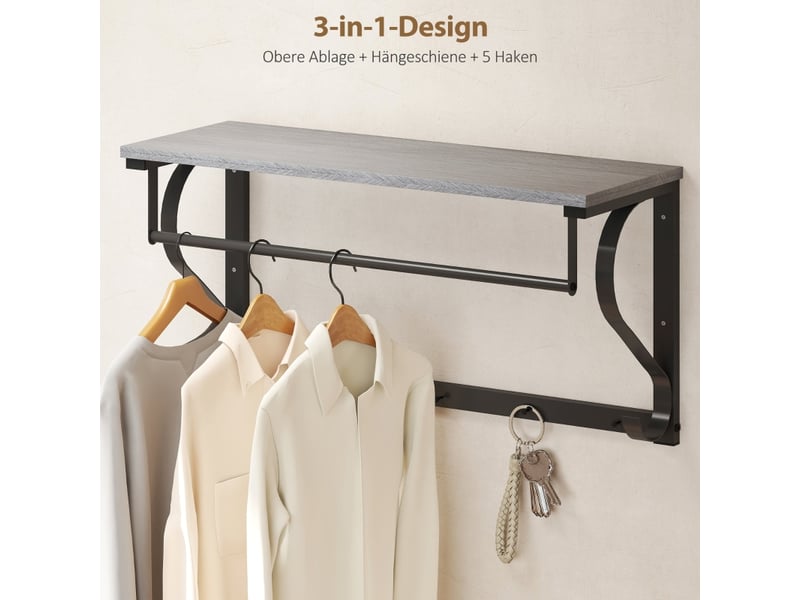  Porte-vêtements mural, patère, 5 crochets, étagère supérieure, polyvalent, gris 837-607V00GY - Conforama C