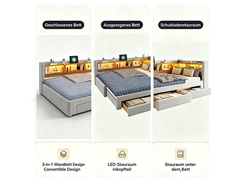  Lit gigogne,90x200cm/180x200 cm,coffre,3 en 1,avec led et prises,velours,gris  - Conforama E