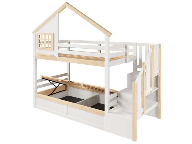  Lit superposé maison blanc et naturel 90x200 cm, rangement hydraulique et garde-corps  - Conforama D