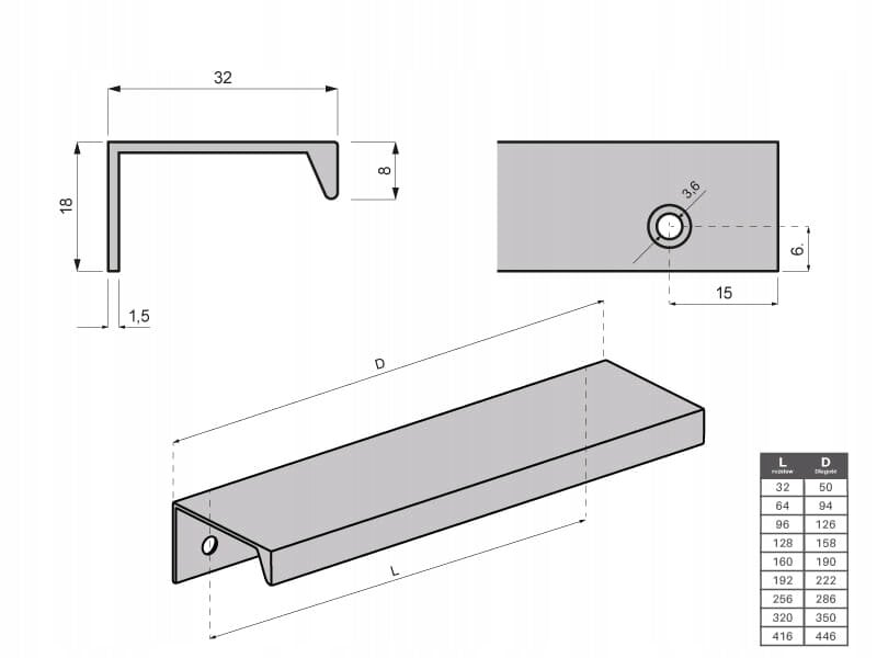  Poignée de meuble en aluminium, 486 mm, couleur chrome mat  - Conforama B
