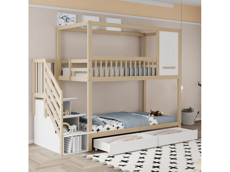  Modenvie lit superposé enfant 90x200 cm - avec tiroirs de rangement et echelle securisee - naturel  - Conforama D