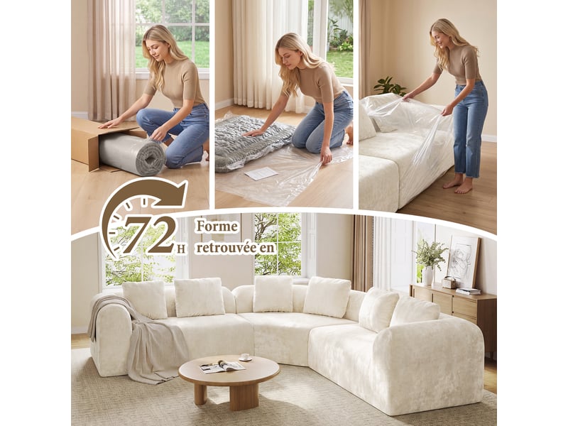  Canapé d'angle incurvé 3 places en tissu chenille premium,canapé compressé sans montage,mousse haute résilience,beige 326x97x66CM - Conforama R