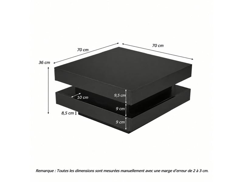  Table basse carrée noire avec led, commande bluetooth, 70 x 70 x 36 cm, noir  - Conforama C