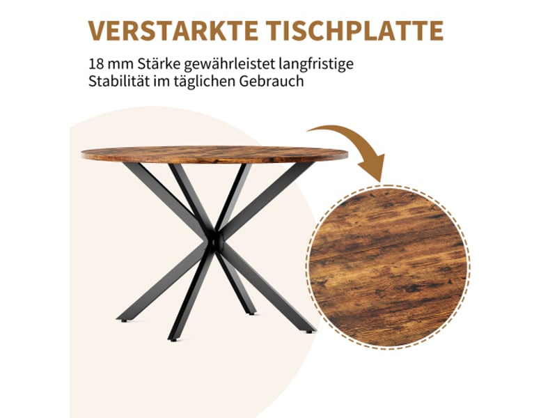 Table à manger ronde ø120 cm – style industriel, pieds en x, bois brun vintage et noir, cuisine et salon - Conforama E