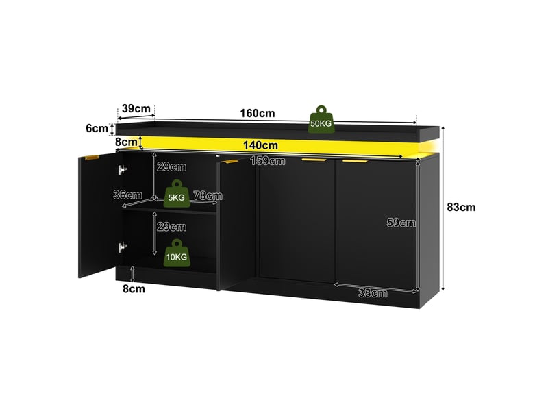  Buffet bas 160x39x83 cm, quatre portes avec led mdf, style moderne, meuble de rangement, pour la maison, coloris noir  - Conforama C