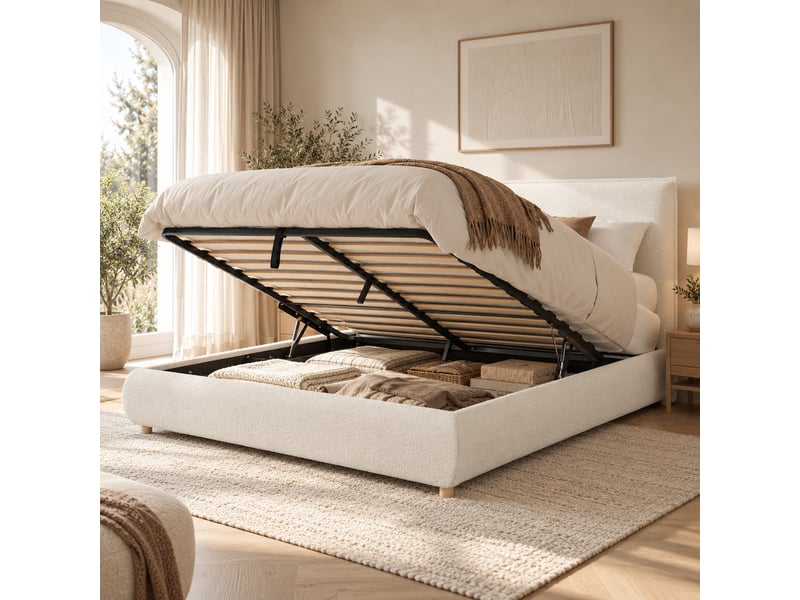 Lit double rembourré 180x200 cm avec rangement hydraulique, sommier à lattes, tête de lit capitonnée, pieds en bois massif, bouclé blanc IKSETERA TRADING LTD - Conforama D