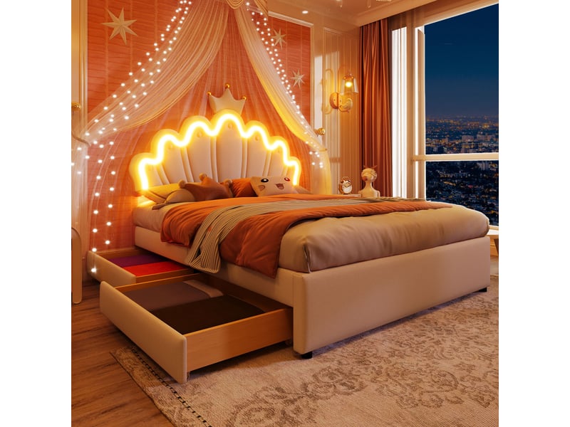 Lit enfant rembourré 140x200 cm avec tête de lit couronne réglable, led télécommandée, 2 tiroirs, pu blanc CozyNest - Conforama A
