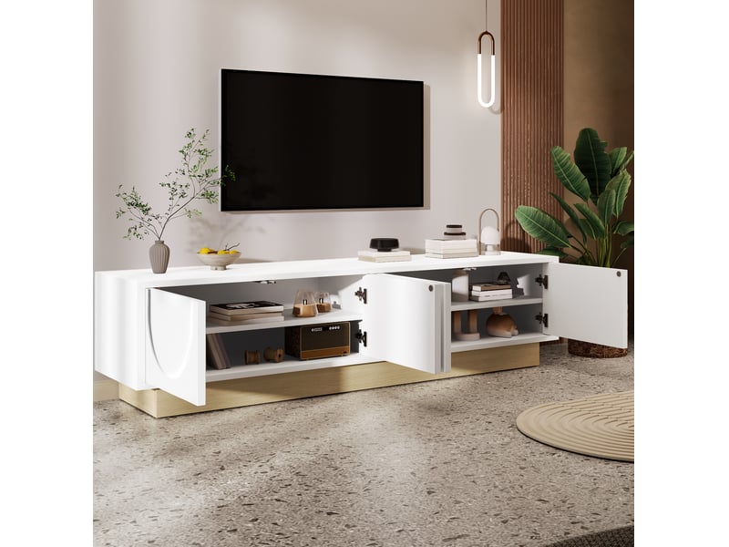  Meuble tv ulevr avec rangement et passe-câbles, 175 x 40 x 41,5 cm, mdf blanc et décor bois  - Conforama D