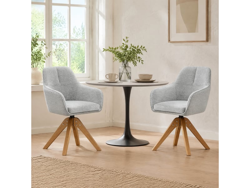 Chaise de salle à manger pivotante à 360° avec accoudoirs et dossier ergonomique en tissu gris, bois massif - Conforama B