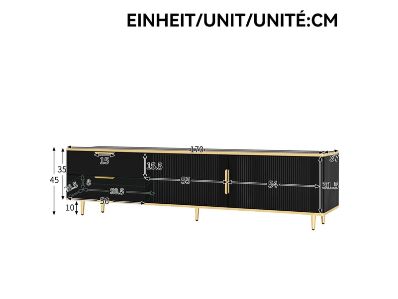  Meuble tv modenvie noir et doré 170 x 37 x 45 cm 2 tiroirs 2 portes mdf panneaux de particules  - Conforama C
