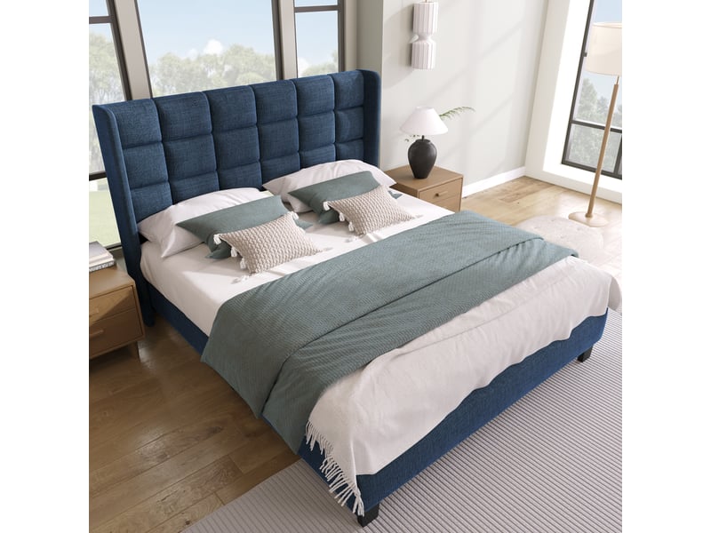  Lit rembourré 140x200cm en lin avec tête capitonnée, sommier à lattes et structure stable, bleu, sans matelas  - Conforama E