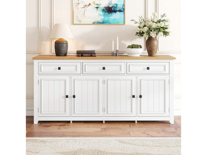 Buffet moderne, minimaliste moderne, 160x35x76 cm, 4 portes et 3 tiroirs, finition grain de bois, grand espace de rangement, buffet blanc sell-17897142677931 - Conforama C