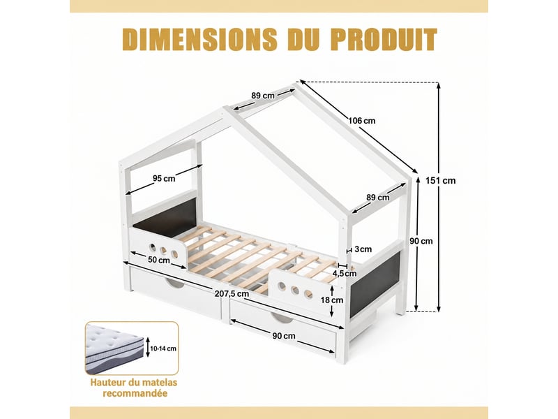  Lit cabane enfant avec 2 grands tiroirs et tableau intégré, bois et mdf, blanc, couchage 90 × 200 cm  - Conforama C