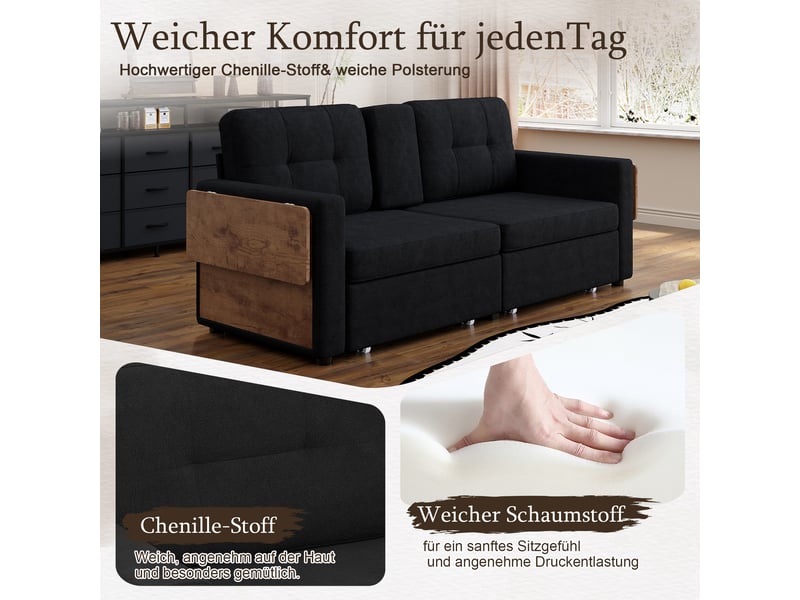  Canapé droit 2 places avec 2 tiroir et assise réglable, table pc et porte-gobelets, canapé de salon moderne en tissu, chenille noir  - Conforama E