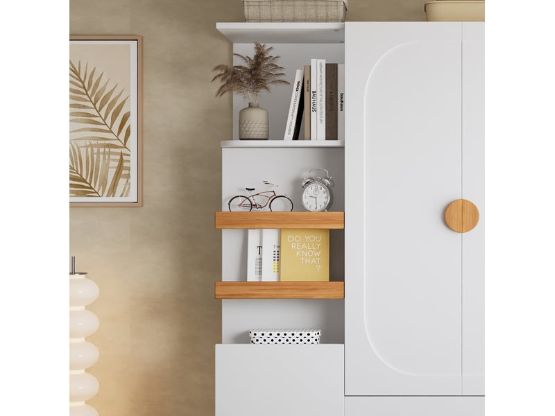  Armoire multifonction 125x50x180 cm – blanc et naturel – penderie, étagères ouvertes et 2 tiroirs de rangement  - Conforama E