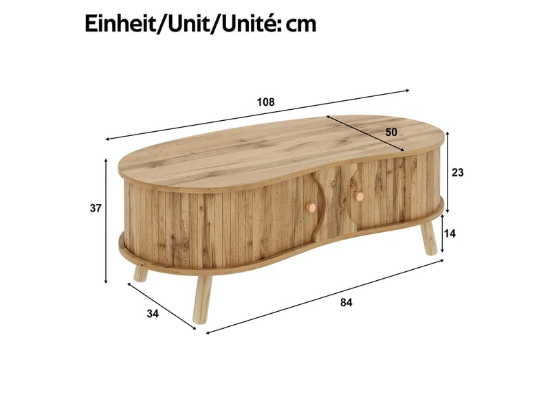 Table basse en forme de pois aspect rainuré, 2 portes coulissantes, aspect bois, pieds en bois massif, matériau MDF  - Conforama C