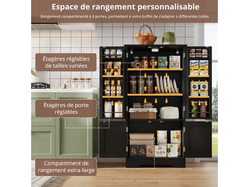  Armoire de cuisine noire avec éclairage led, meuble de rangement à quatre portes, 120 x 60 x 40  - Conforama C