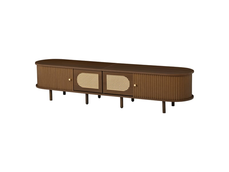  Meuble tv 180 cm décor noyer foncé avec portes effet rotin et portes coulissantes, pour tv jusqu’à 80 pouces  - Conforama A