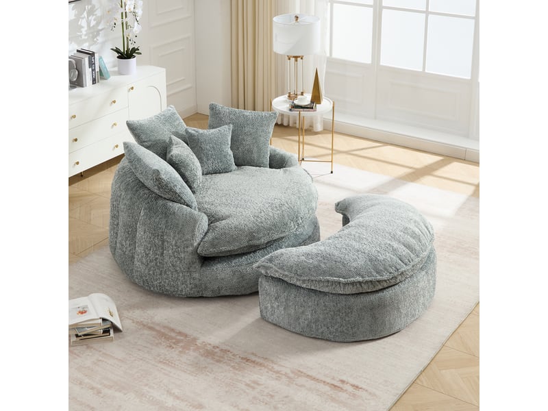 Canapé lounge xxl 1 place 190,5x138x63 cm, chaise longue ronde en polyester, assise profonde en mousse haute densité, coussins, sans montage, bleu - Conforama D