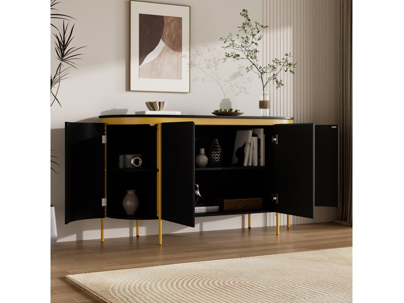  Buffet bas 140x38x80 cm ovale avec 4 portes sans poignées mdf couleur noir, design élégant, pieds en fer, forme ovale  - Conforama D