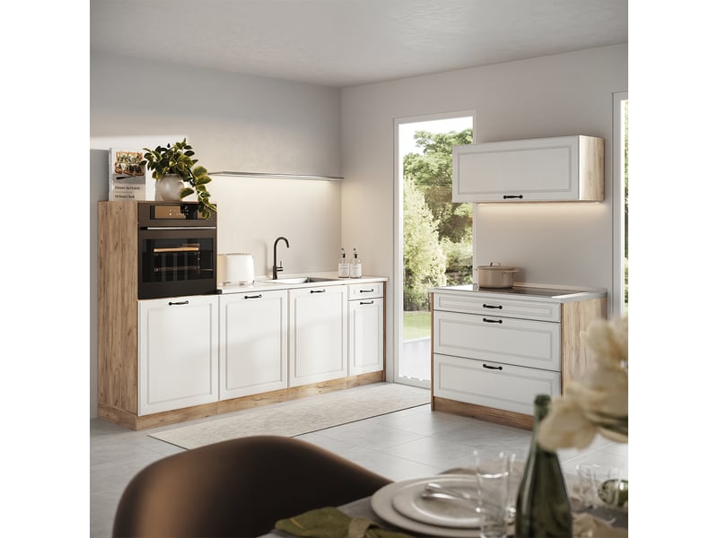  Vicco cuisine, blanc campagnechêne doré, 220cm plan de travail chêne doré  - Conforama C