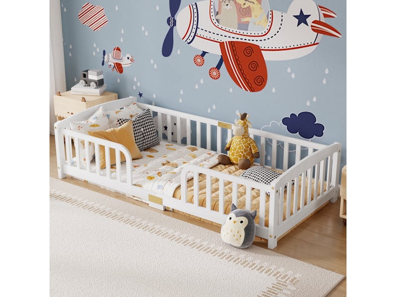  Lit bas enfant simple 90×200 cm avec barrière et entrée centrale - okmyhome- pin blanc, sans matelas  - Conforama B