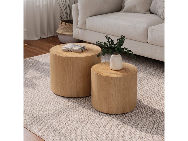 Lot de 2 tables basses gigognes - ø48x38cm et ø38x32cm - tables rondes tambour en bois motif cernes d'arbre - naturel - Conforama D