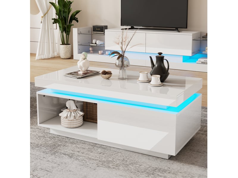  Ensemble meuble tv 181x38x38 cm et table basse 100x50x40,3 cm, led usb, 1 tiroir, panneaux de particules blanc  - Conforama B