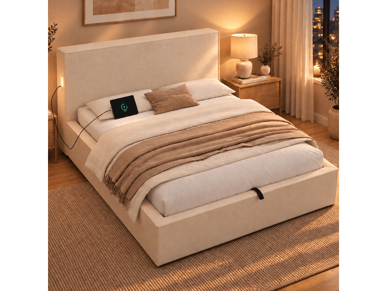  Lit coffre 120x200 cm avec sommier à lattes, revêtement chenille beige  - Conforama B