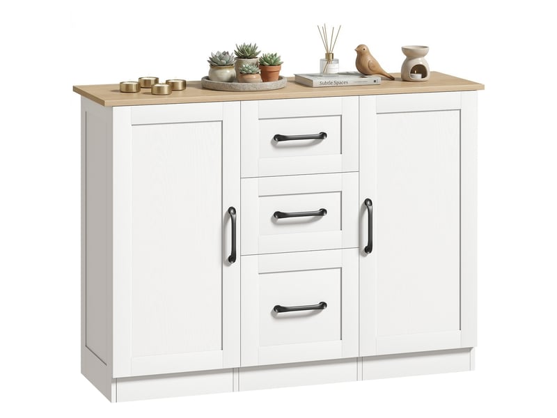  Buffet de salon, meuble de rangement avec 2 portes à fermeture douce et 3 tiroirs, 110 x 35 x 80,4 cm, bois blanc et naturel  - Conforama A