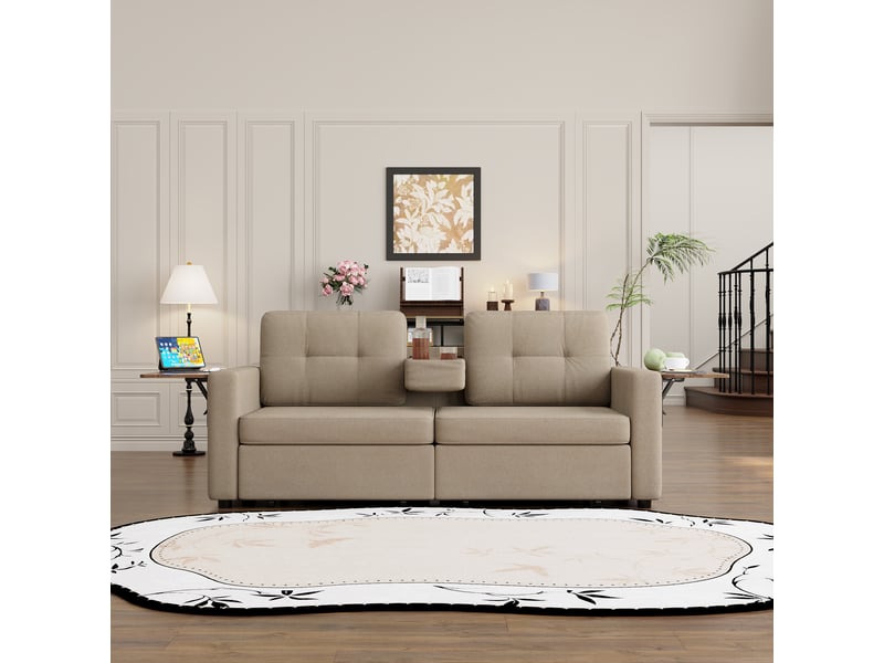  Canapé 2 places en chenille avec rangement intégré, table d’appoint réglable et porte-gobelets - kaki  - Conforama B