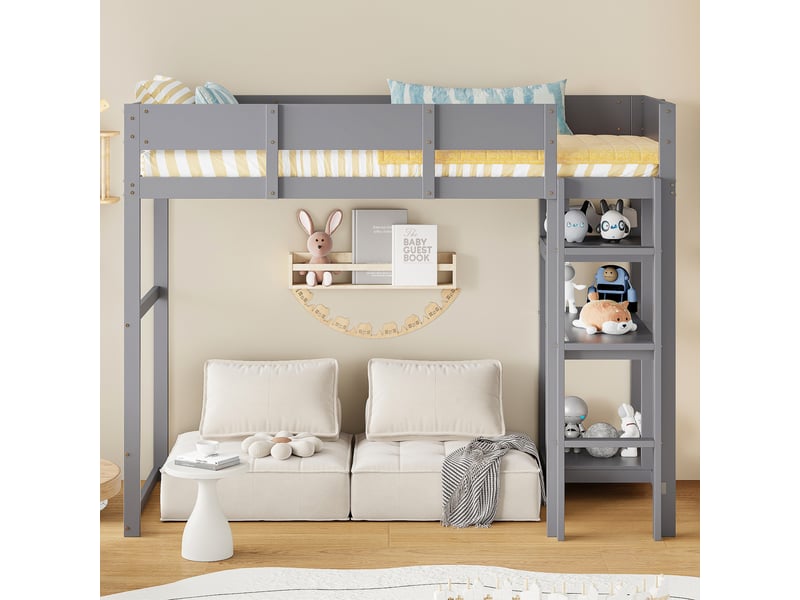  Lit mezzanine 90 × 200 cm 1 place avec étagère et barrières, pour enfant, sans matelas, en bois, gris  - Conforama C
