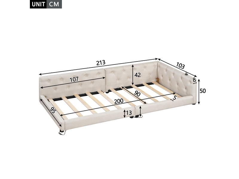 Lit banquette en lin beige 90x200 cm avec sommier - éclairage led 7 couleurs et ports usbtype-c  - Conforama C