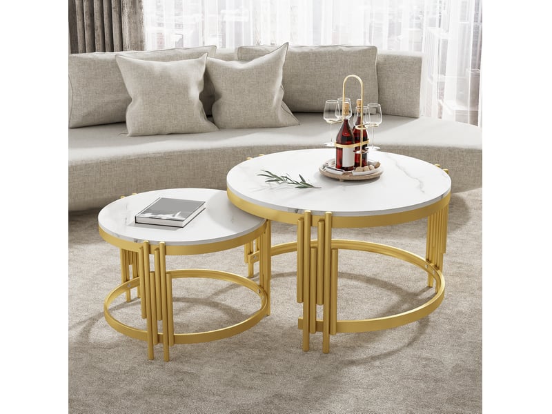 Lot de 2 tables basses rondes gigognes en mdf effet marbre blanc et métal doré - Conforama D