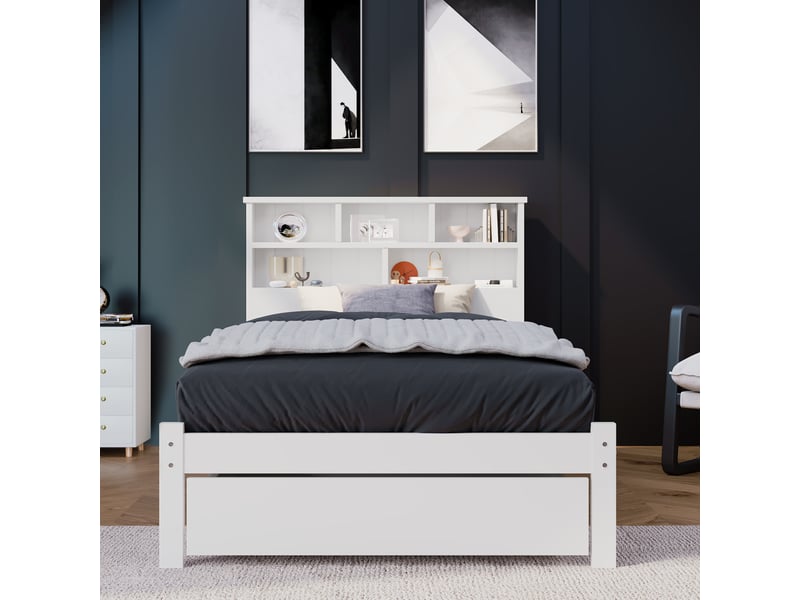  Lit coffre 90x200 avec tiroirs sur roulettes et tête de lit bibliothèque pour rangement optimisé chambre enfant blanc  - Conforama W