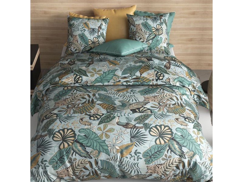  Parure housse de couette 240x220cm + 2 taies motif exotique bleu et vert 100% coton - yucatan YUCATAN - Conforama B