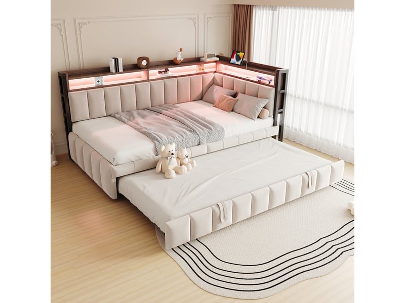  Lit banquette - 90x200 cm - éclairage led - usb et usb-c - sommier à lattes - velours - lit gigogne - gain de place - beige CozyNest - Conforama B