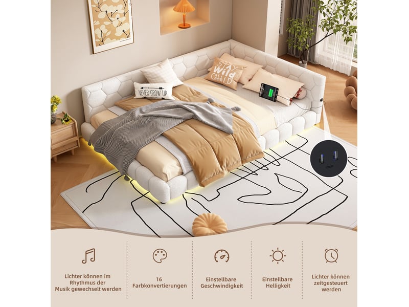  Lit banquette 140 x 200 cm blanc avec éclairage led 16 couleurs, usb et usb-c  - Conforama C