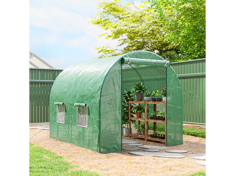  Serre de jardin avec structure en acier et 4 fenêtres en polyéthylène, 2,5 x 2 x 2 m, verte  - Conforama D