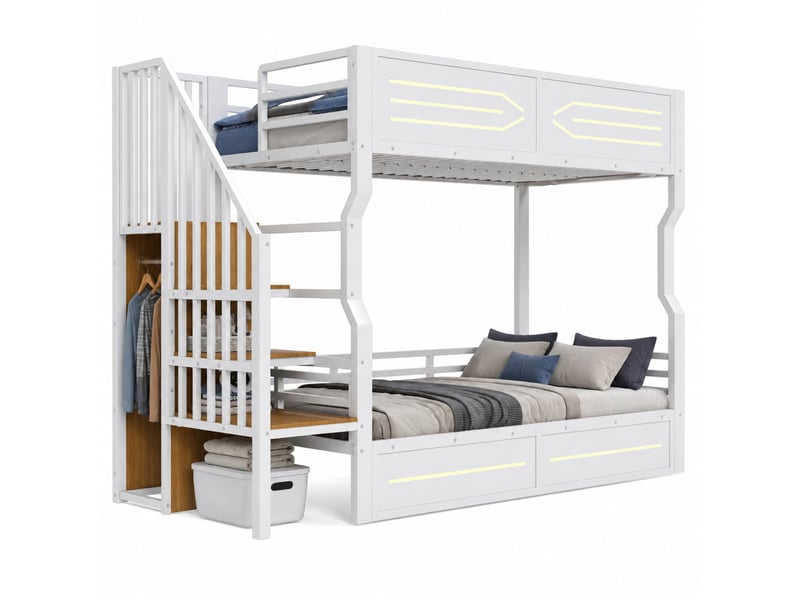  Lit en métal 90 × 200 cm avec rangement intégré, petite marche style armoire, éclairage led, barrières de sécurité hautes, lit superposé pour jeunes, coloris blanc ORFRLDB00544AAK - Conforama A
