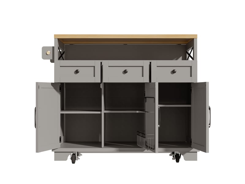 Desserte de cuisine 118x43-80x98 cm grise mdf et métal, plan rabattable, rangement et 5 roulettes  - Conforama E