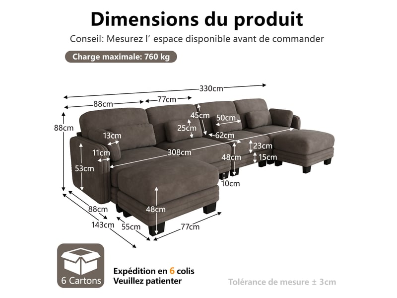  Canapé d'angle modulaire 4 places avec 2 ottomans en chenille marron 330x143x88 cm  - Conforama C