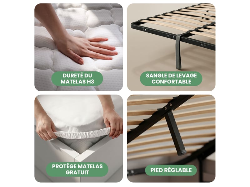 Lit coffre 160x200 cm sommier relevable en métal et matelas à ressorts blanc - Conforama D