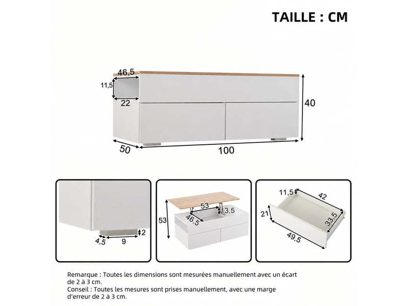  Table basse relevable avec 2 tiroirs, 100 x 50 x 40 cm, blanc et aspect bois  - Conforama C