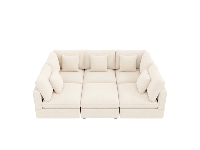  Canapé d'angle xxl modulable 6 places , avec véritable fonction lit, ottoman coffre de rangement, 5 coussins décoratifs, chenille – beige  - Conforama A