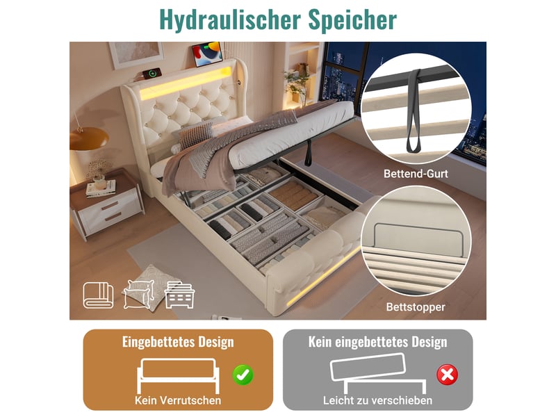  Lit coffre, lit enfant 90x200 cm, tête de lit avec rangement, led, usbusb-c, velours beige, matelas inclus  - Conforama D