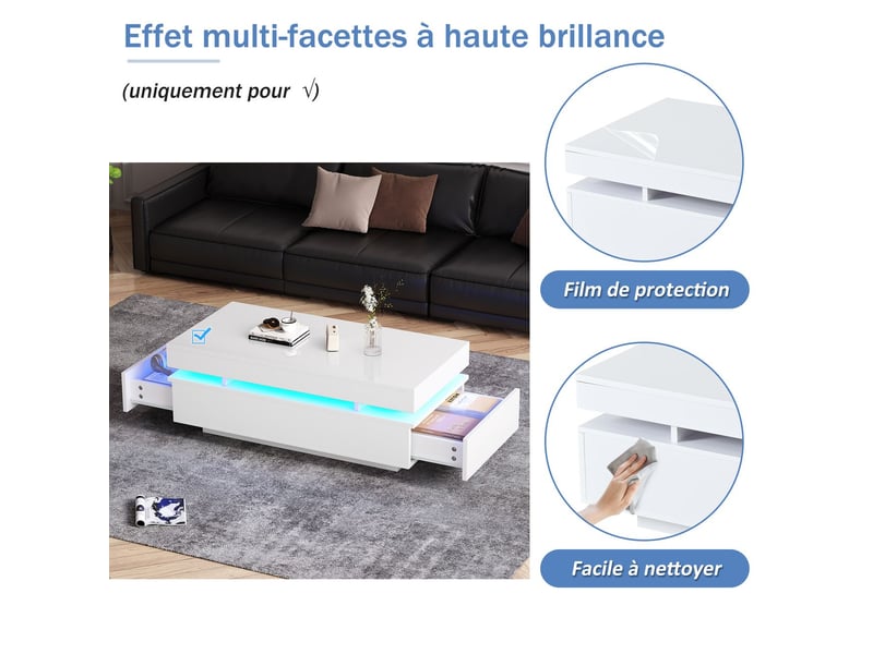  Table basse 100x50x40, blanc haute brillance table basse salon, 2 tiroirs, led intégrées  - Conforama E