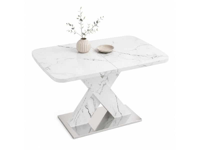  Table de salle à manger extensible en mdf et acier 120-160×80×76,5 cm blanche effet marbre  - Conforama A