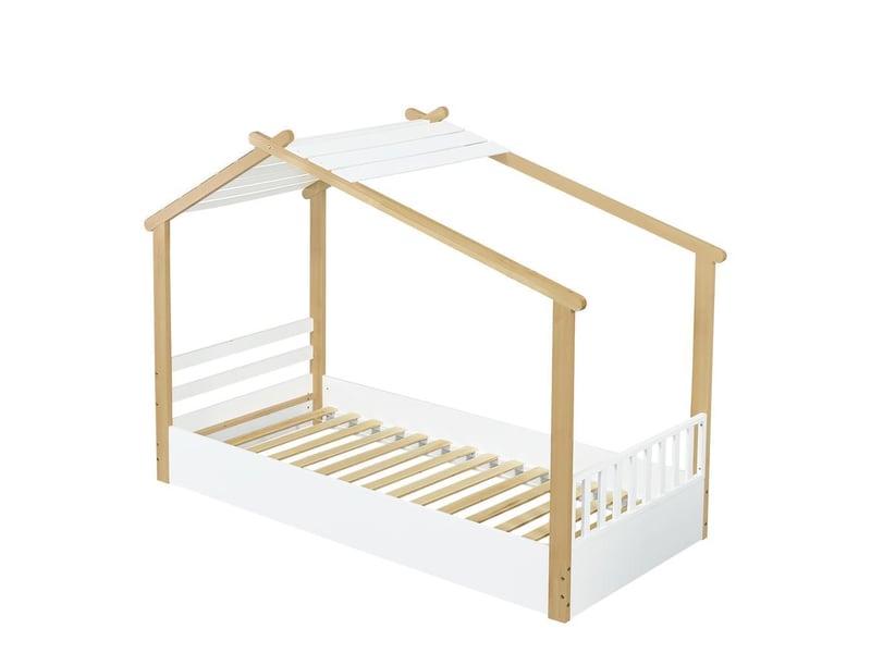  Lit enfant 90 x 200 cm, lit cabane en bois maison, sommier à lattes stable, design simple et moderne, blanc naturel  - Conforama W