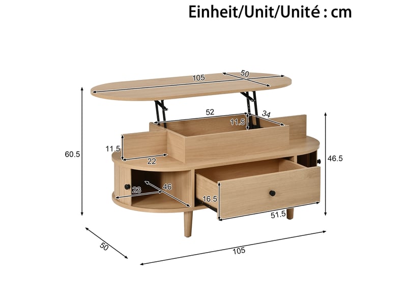  Table basse ovale 105x50x60,5 cm avec plateau relevable hydraulique, rangement caché, mdf, couleur naturel  - Conforama C